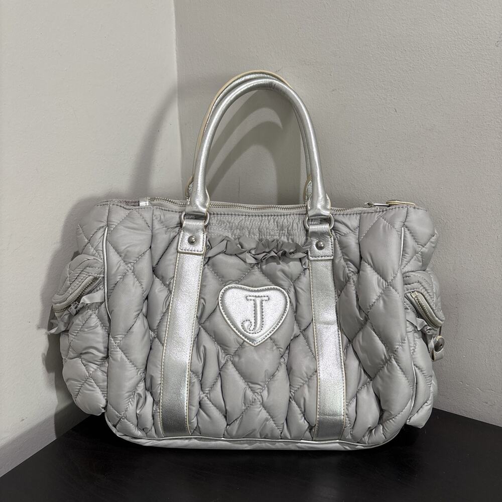 Vintage Y2K Juicy Couture Gray Ruffle Quilted Puffer Medium Tote Shoulder Bag